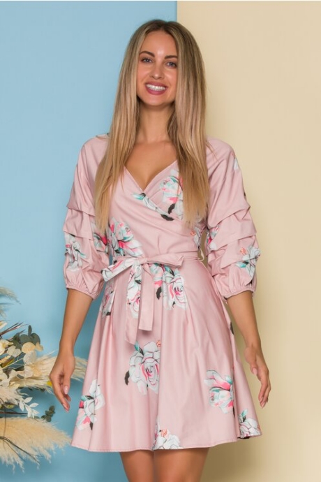 Rochie Ionela roz pudrat cu imprimeu floral