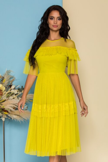 Rochie Moze galbena din tull cu volane