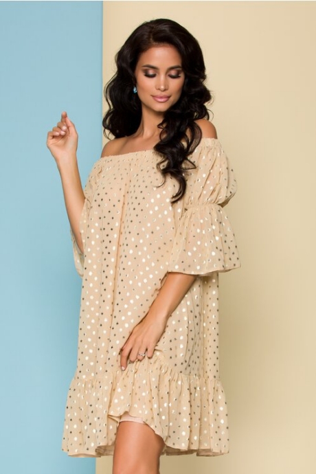 Rochie bej LaDonna by Catalin Botezatu cu buline aurii