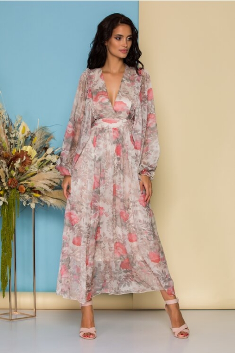 Rochie lunga bej cu imprimeuri florale roz