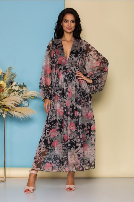 Rochie lunga neagra cu imprimeuri florale roz