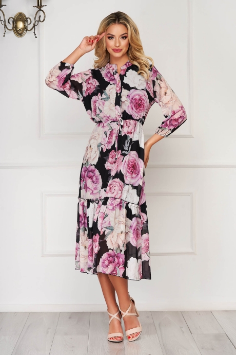 Rochie neagra de zi midi din voal cu imprimeu floral cu elastic in talie cu maneci trei-sferturi